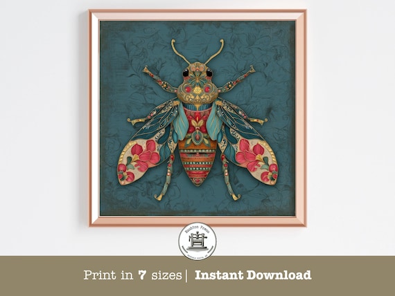 Folk Art Bee Print Red Teal Floral Illustration