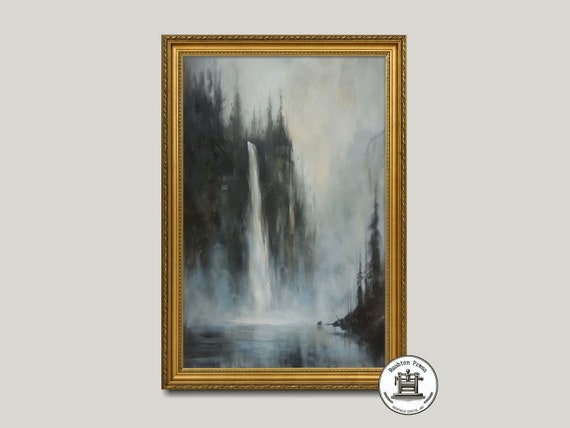 Moody Forest Waterfall Painting Landscape Art Print Atmospheric