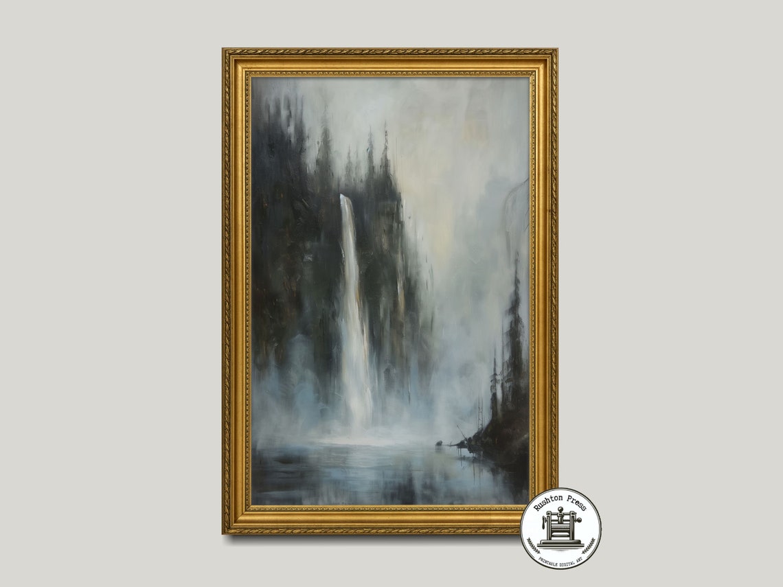 Moody Misty Forest Waterfall Painting Atmospheric Nature Wall Art