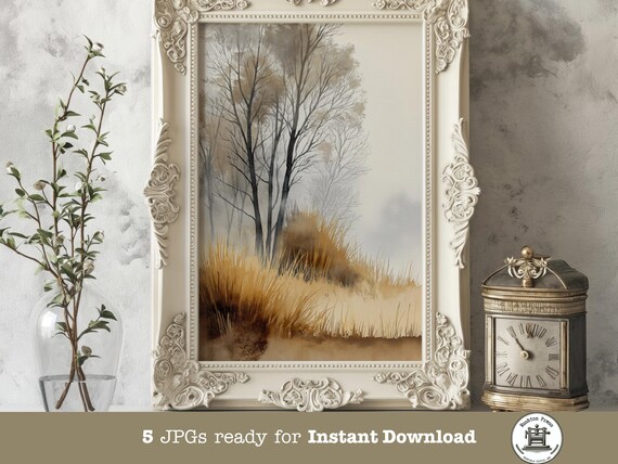 Misty Autumn Landscape Print Golden Grass Rustic Nature Decor