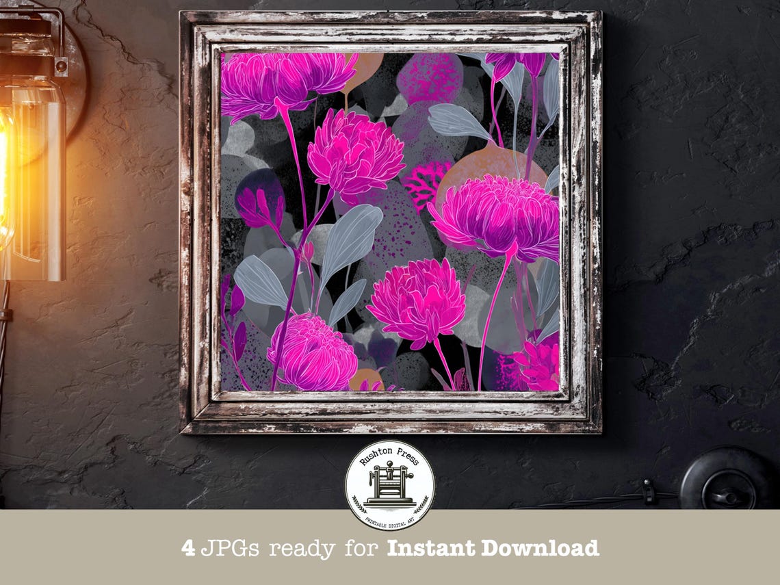 Magenta Chrysanthemum Dark Moody Modern Botanical Flower Poster