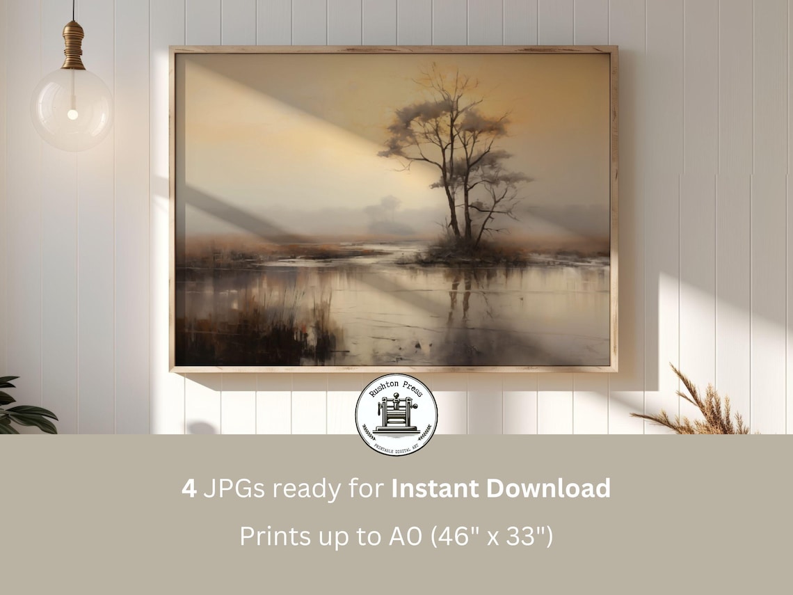 Neutral Beige Lakeside Tree Misty Water Reflection Calm Japandi Art Print