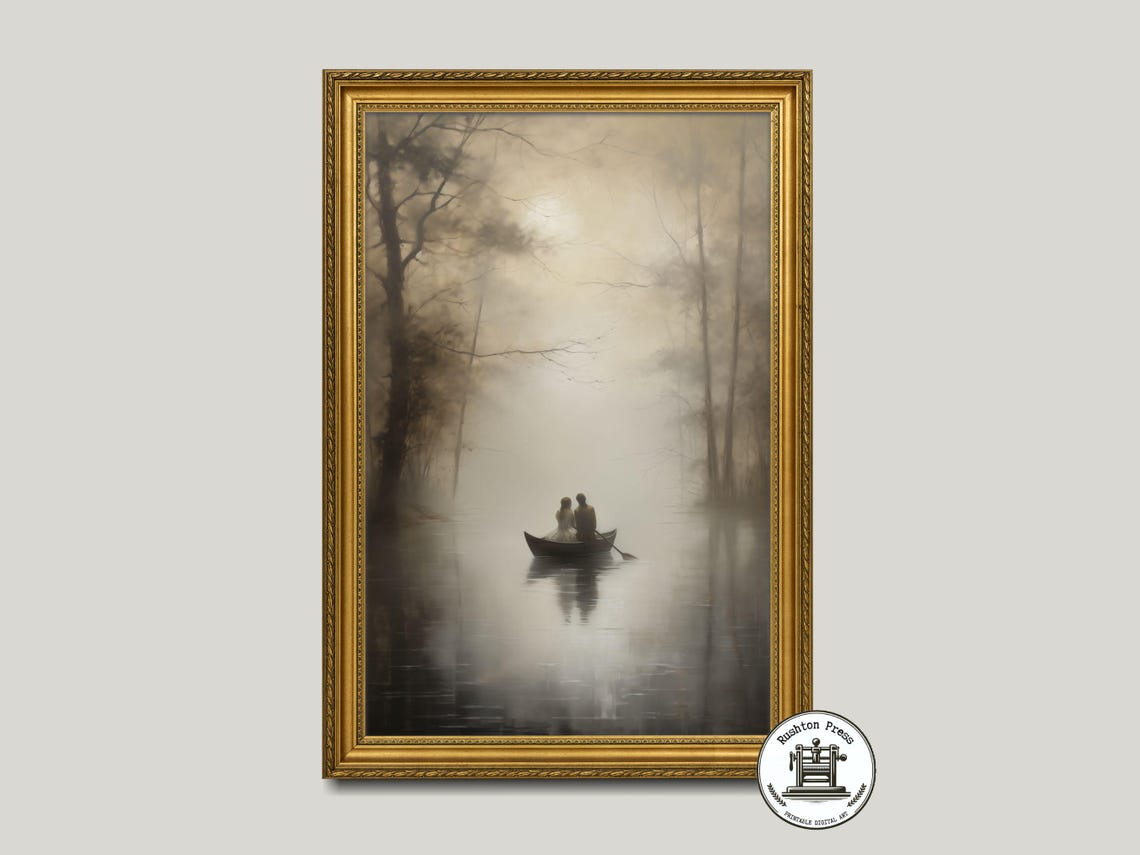Moonlit Lake Boat Ride Painting Moody Romantic Evening Wall Art