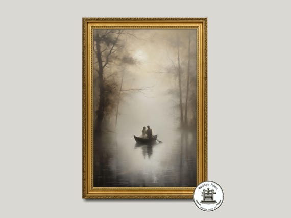 Dark Romance Painting Moody Lake Boat Ride Art Print