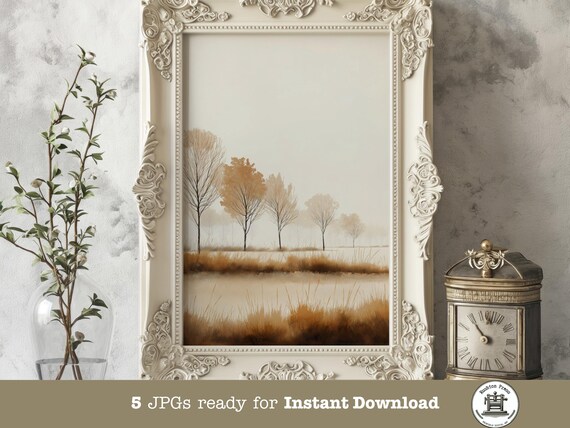 Hazy Autumn Landscape Print Golden Leaves Rustic Farmhouse Decor