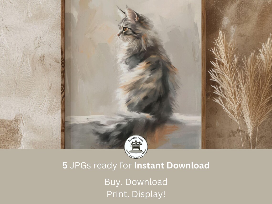 Silver Tabby Maine Coon Vintage Abstract Art Print