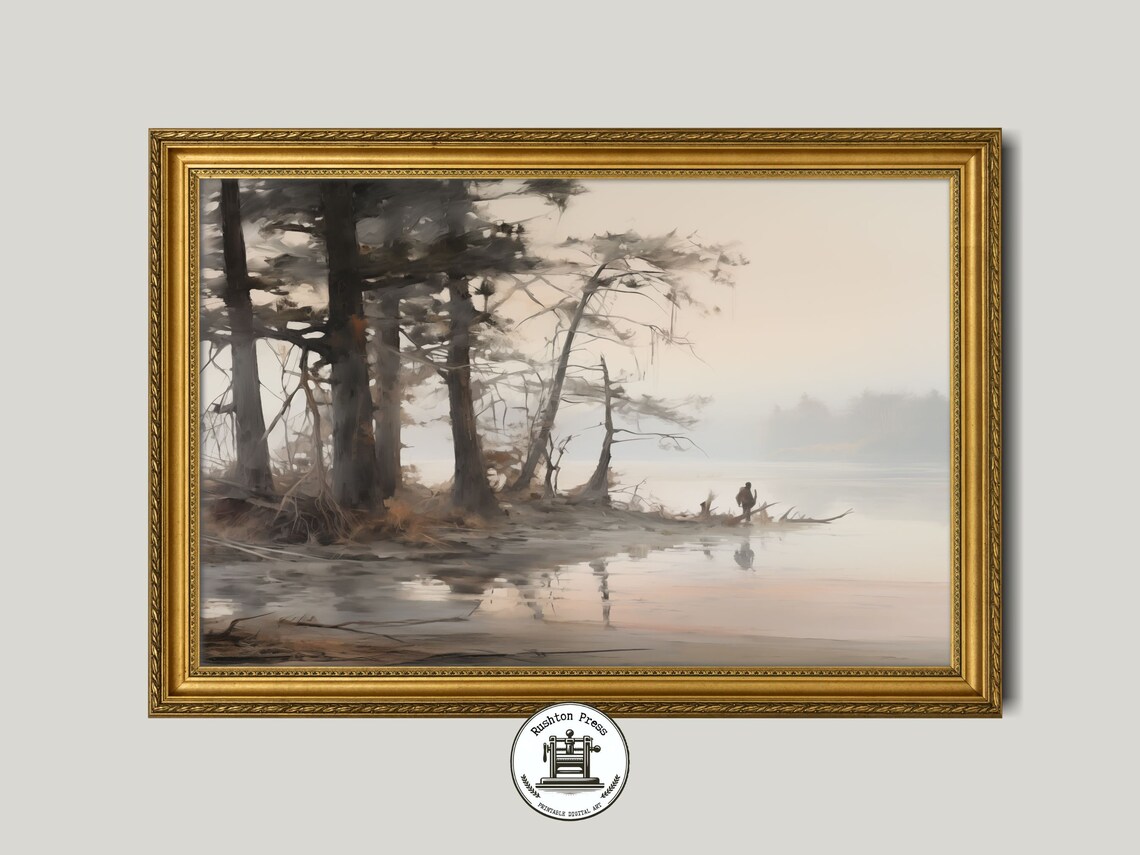 Misty Lakeside Forest Lone Figure Vintage Tranquil Nature Landscape Art Poster