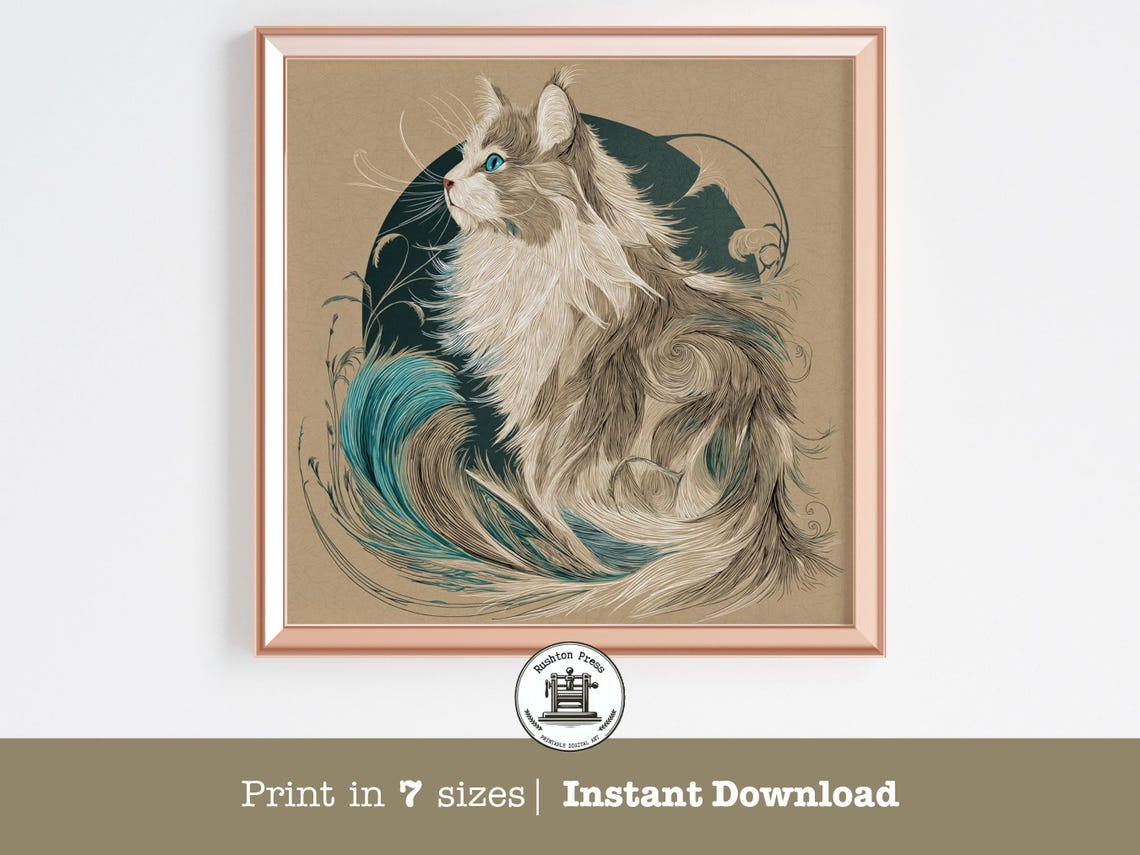 Longhair Maine Coon Cat Art Nouveau Teal Beige Portrait Print
