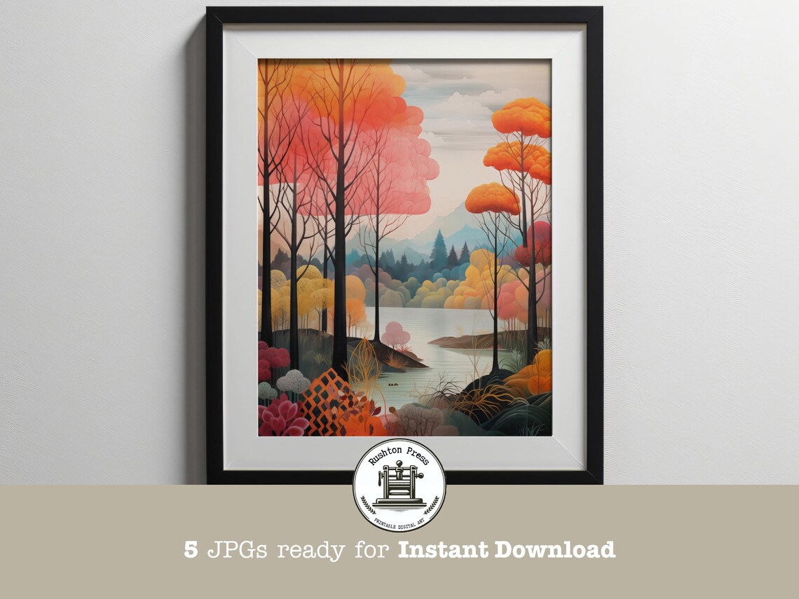 Surreal Coral Forest Lakeside Painting Dreamy Autumn Landscape Art Print