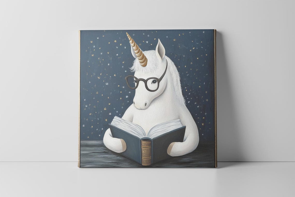 Bookish Unicorn with Glasses Reading a Book Starry Night Poster