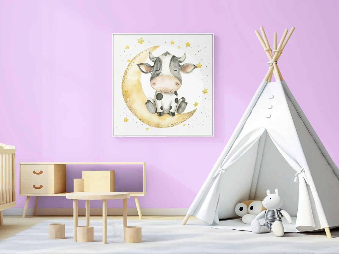 Cute Spotted Cow Sitting on Crescent Moon Watercolor Nursery Poster - Image 2