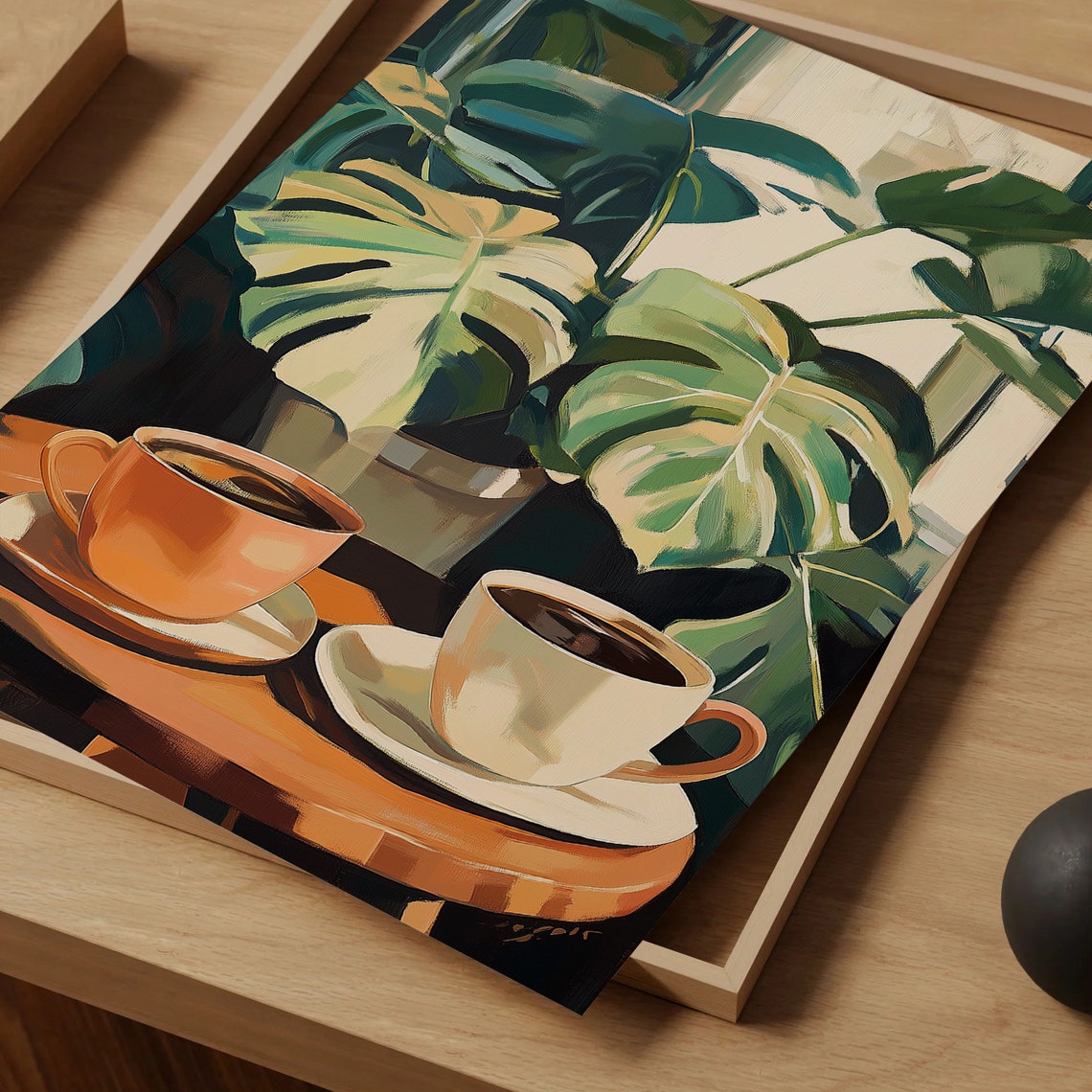 Two Coffee Cups Monstera Leaves Botanical Painting Art Poster - Image 4