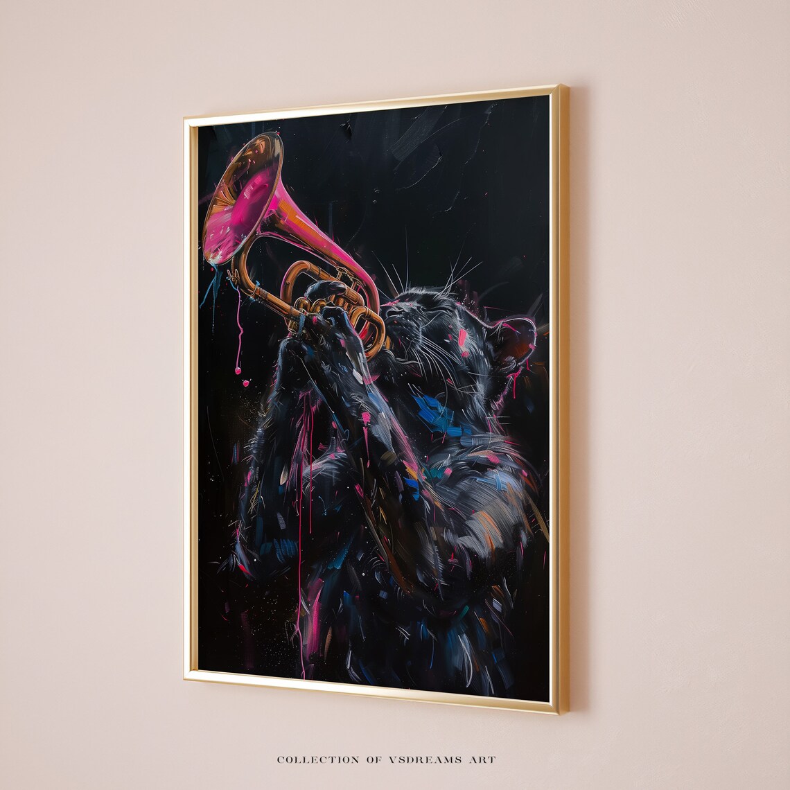 Black Panther Playing Pink Trumpet Neon Splash Jazz Music Animal Poster
