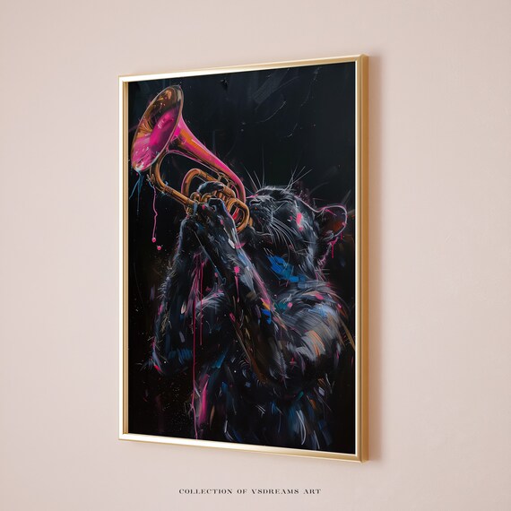 Black Panther Playing Pink Trumpet Neon Splash Jazz Music Animal Poster