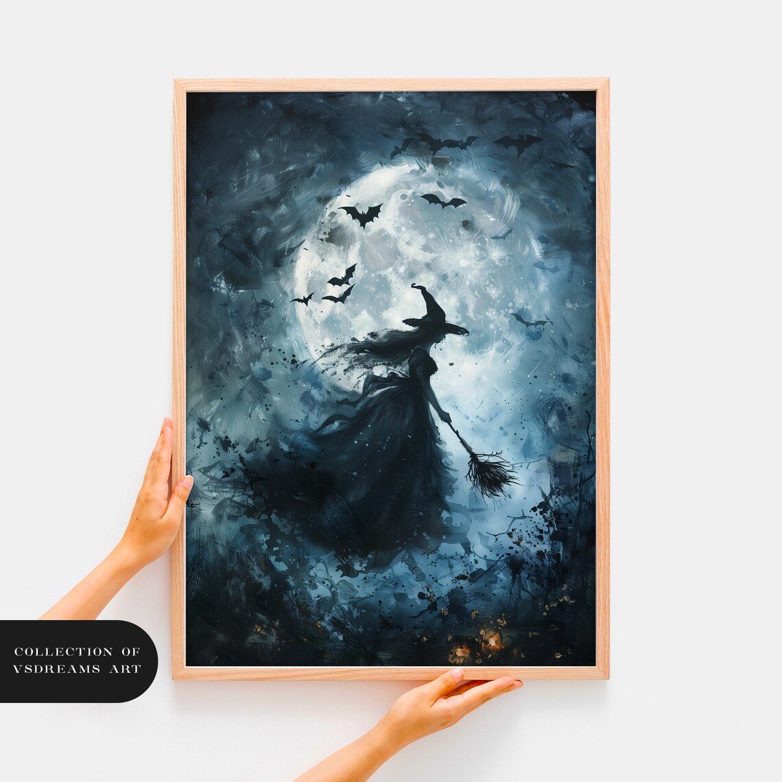 Witch Flying Across Full Moon Bats Magical Halloween Art Poster - Image 2