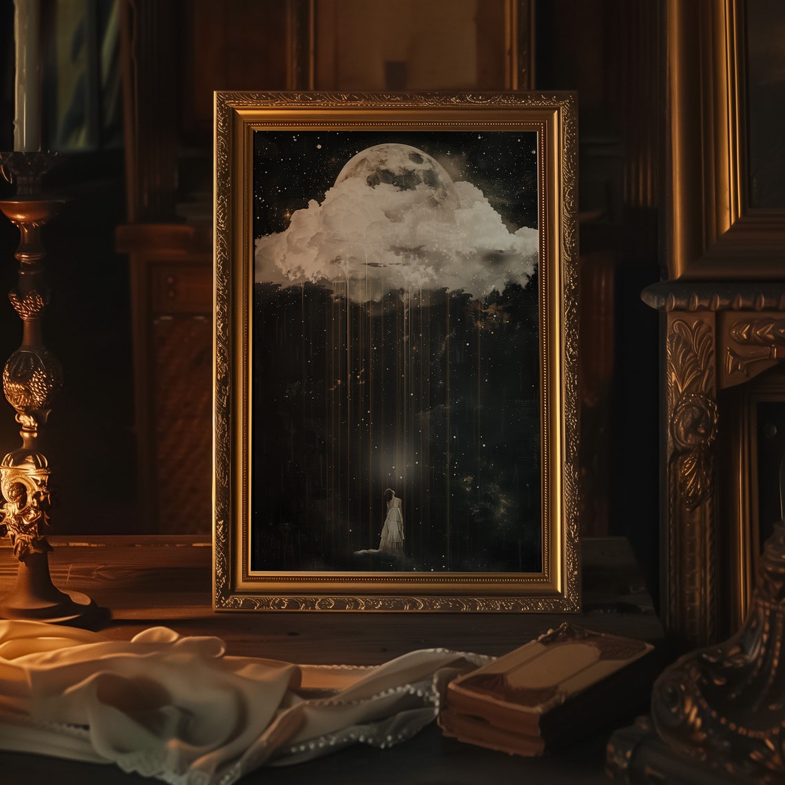 Woman Under Moon Cloud Night Sky Dark Academia Surreal Poster - Image 3