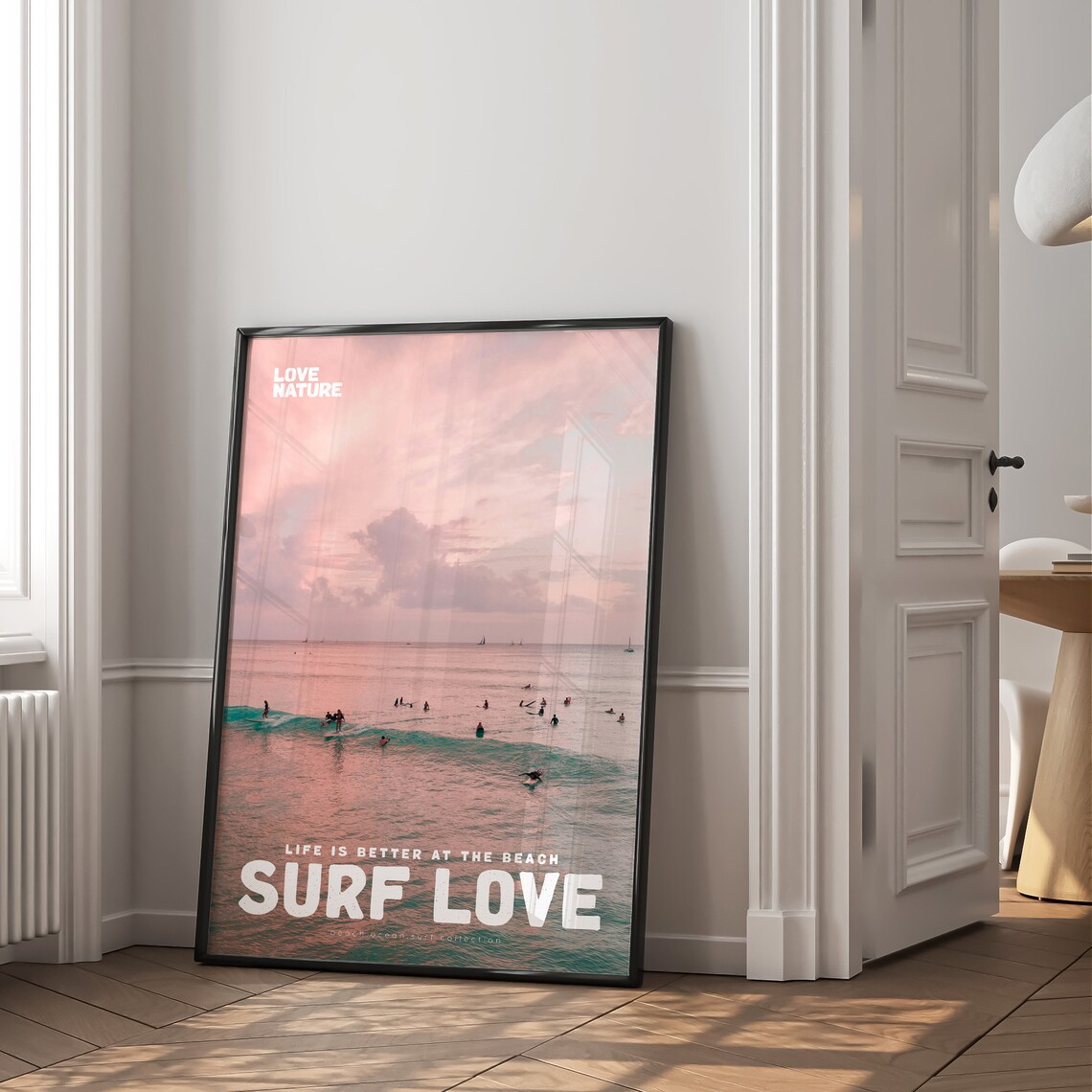 Surf Love Pastel Pink Ocean Surfers On Waves Beach Scene Poster - Image 2