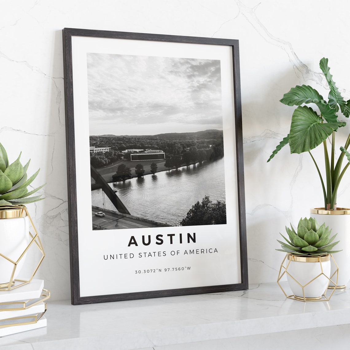 Austin Texas Black White Scenic River Bridge Photography Poster - Image 4