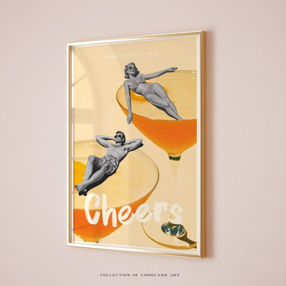 Liquid Therapy Cheers Vintage Couple Giant Cocktail Glass Art Poster