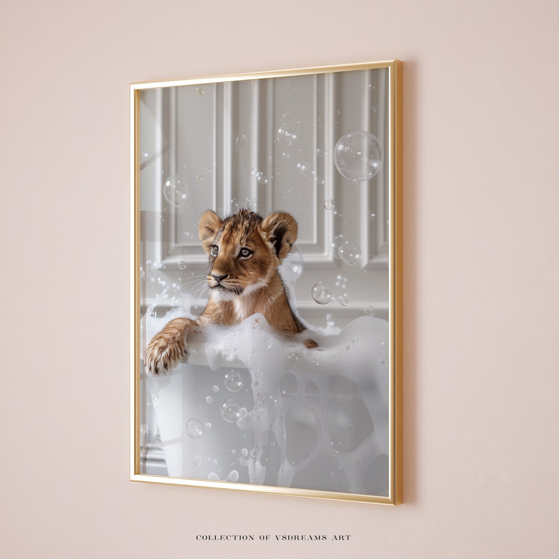 Baby Lion Cub Bubble Bath Cute Golden Frame Bathroom Animal Art Poster