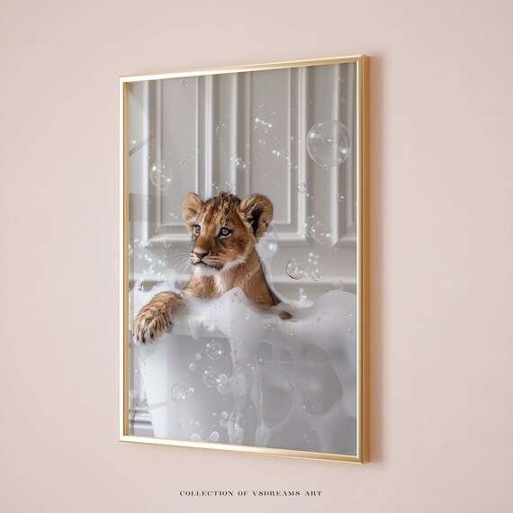 Baby Lion Cub Bubble Bath Cute Golden Frame Bathroom Animal Art Poster