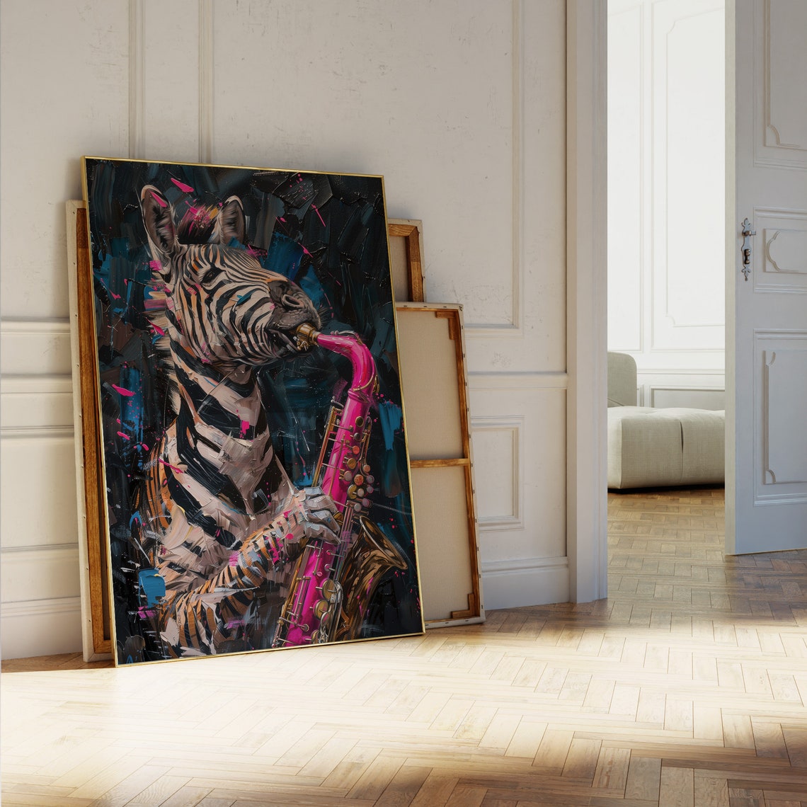 Zebra Playing Pink Saxophone Neon Splash Bold Jazz Music Animal Poster - Image 4