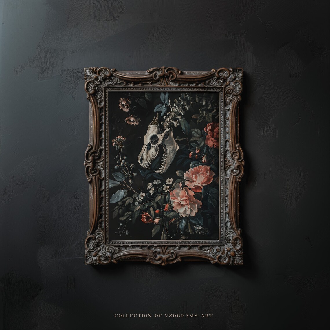 Gothic Dragon Skeleton Floral Art Print, Cottagecore - Image 3
