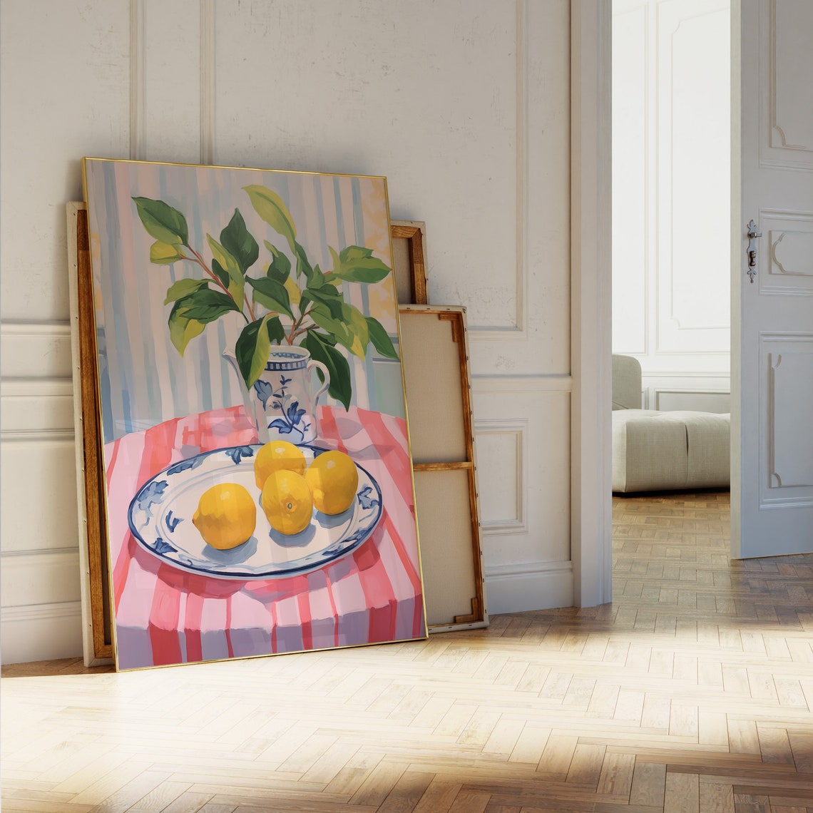 Lemons on Blue Plate Pitcher Striped Tablecloth Still Life Poster - Image 5