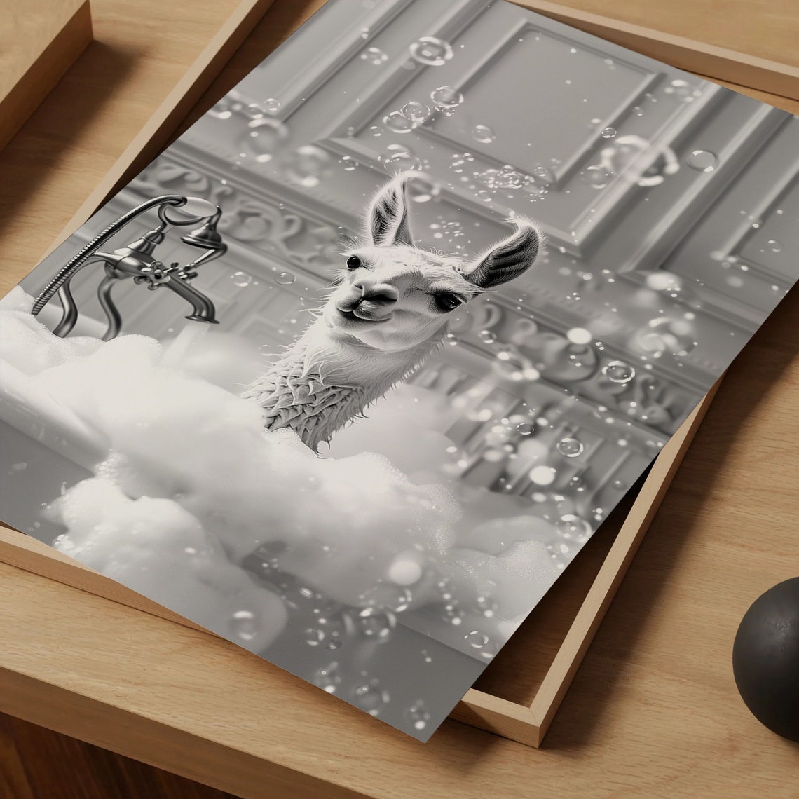 Llama Bubble Bath Black and White Funny Animal Gold Frame Art Poster - Image 5