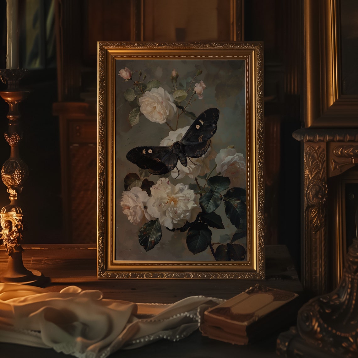 Black Moth White Roses Dark Floral Gothic Botanical Insect Poster - Image 3