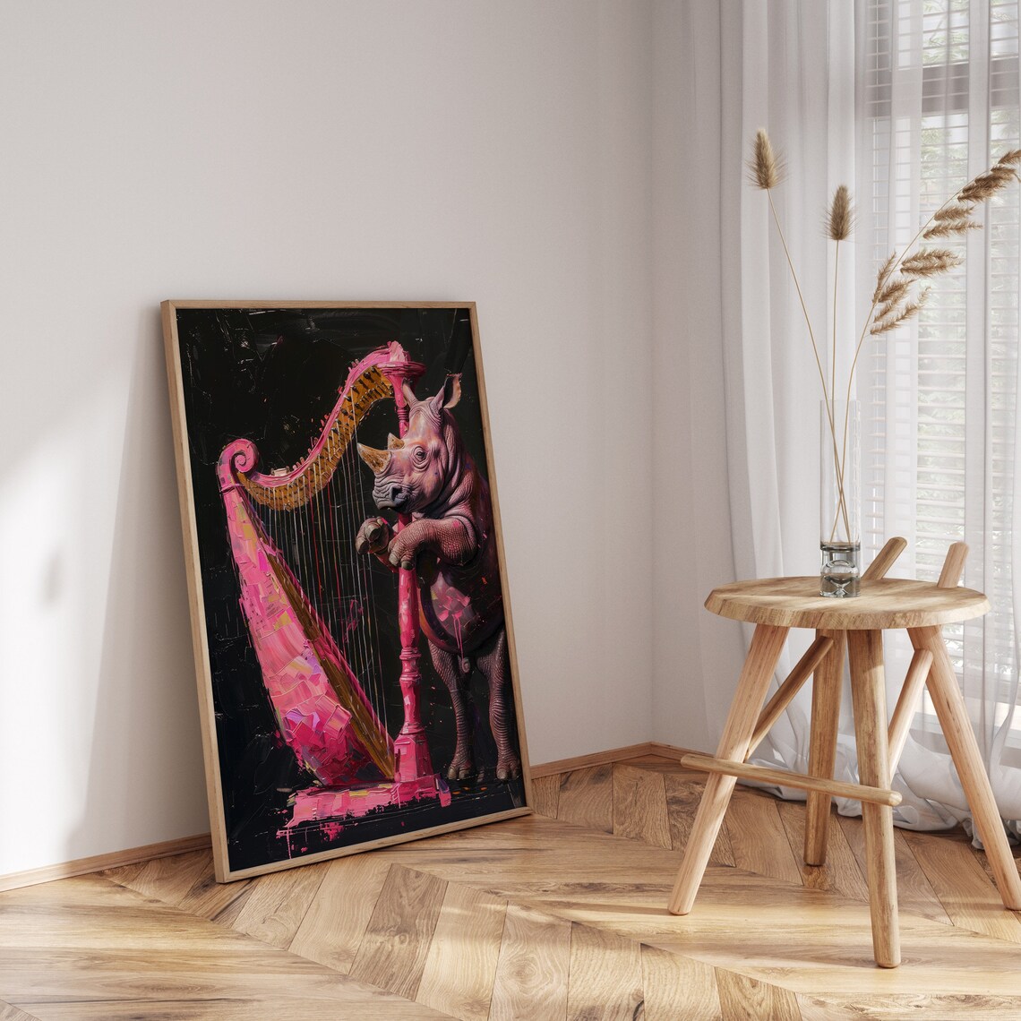 Rhino Playing Pink Harp Neon Splash Whimsical Orchestra Music Art Poster - Image 3