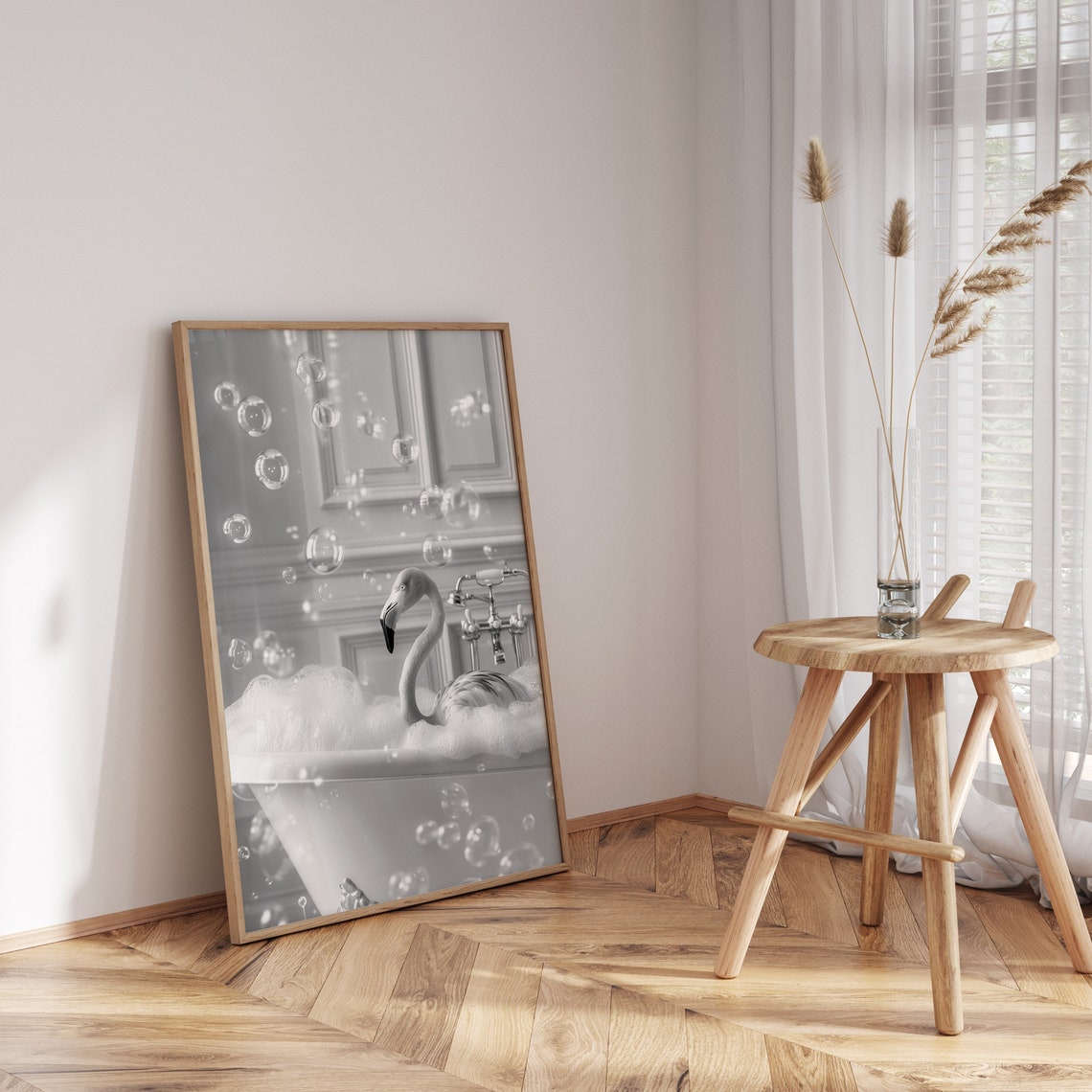 Flamingo Bubble Bath Black and White Funny Bird Gold Frame Art Poster - Image 3