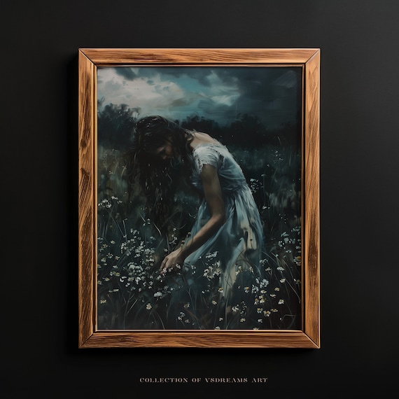 Girl Picking Meadow Flowers Dark Cottagecore Dusk Painting Poster