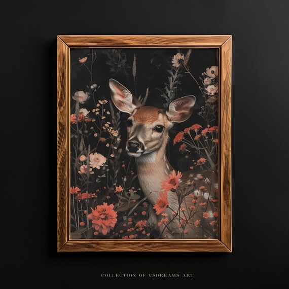 Majestic Fawn Wildflowers Dark Forest Rustic Cottagecore Poster
