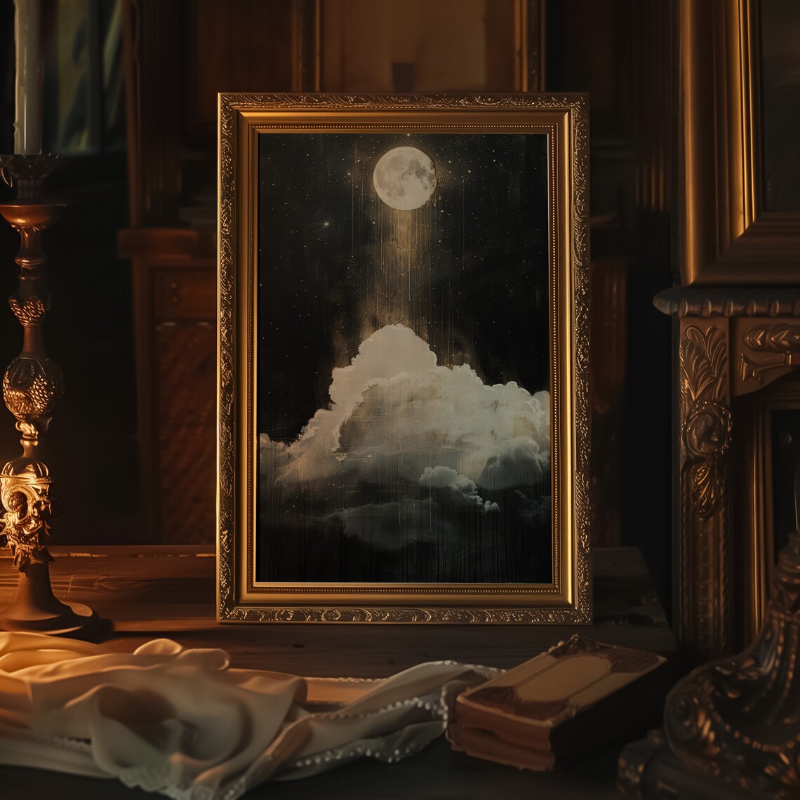 Gothic Full Moon Art Mystical Starry Night Sky Cloud Print - Image 3