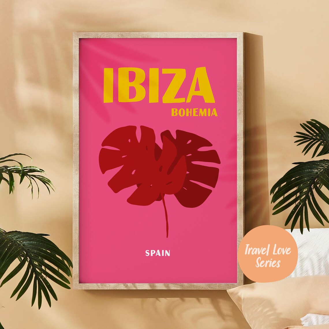 Ibiza Bohemia Spain Red Monstera Leaf Pink Tropical Travel Art Poster - Image 5