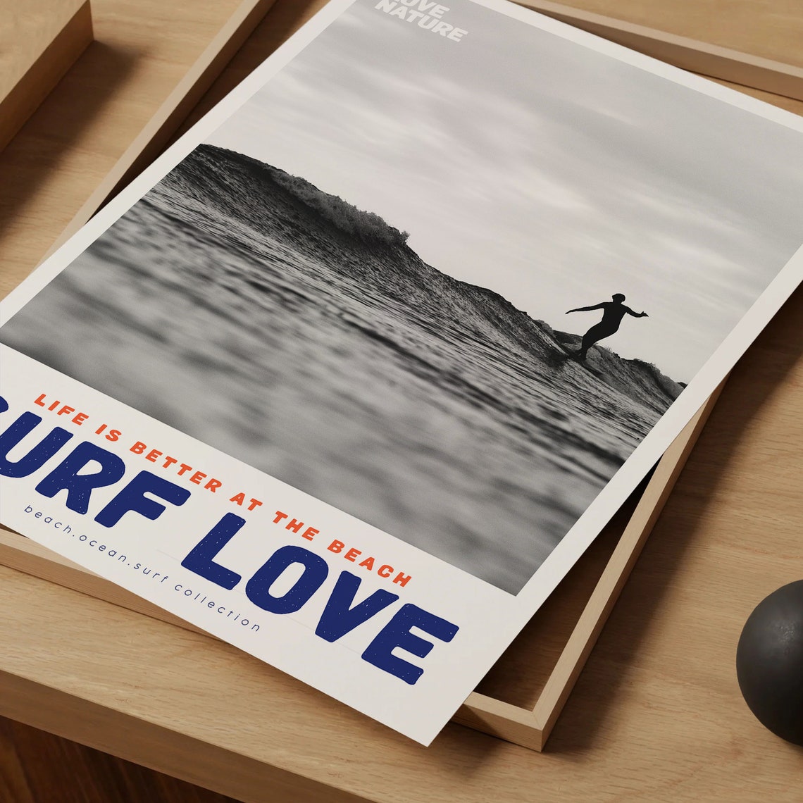 Surf Love Silhouette Surfer Riding Wave Black And White Photo Poster - Image 4