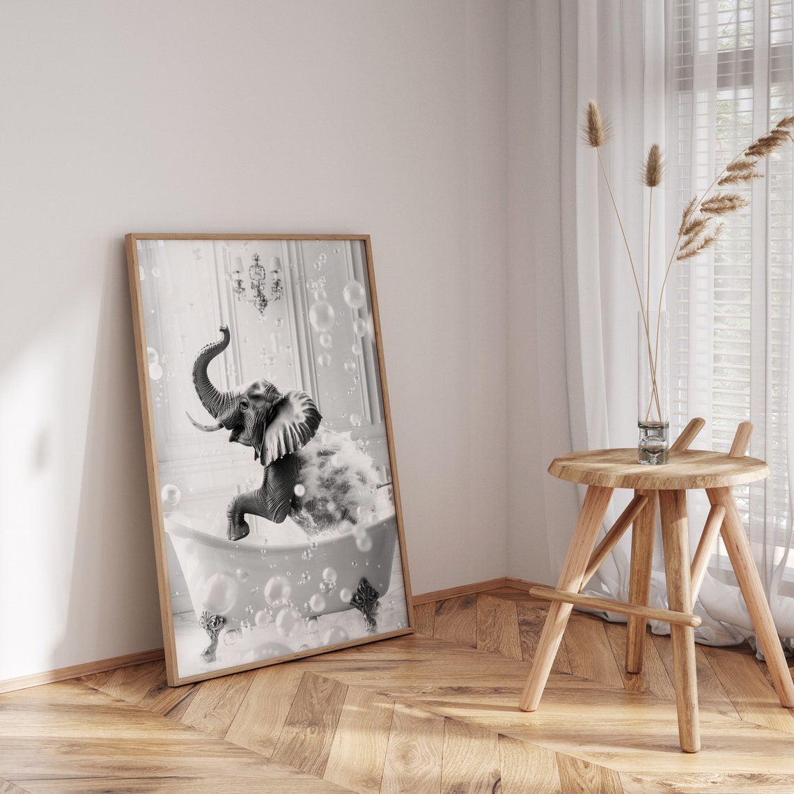 Baby Elephant Bubble Bath Black and White Funny Bathroom Poster - Image 3