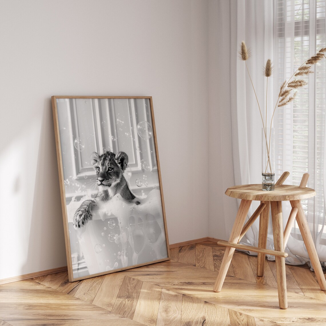 Baby Lion Cub Bubble Bath Tub Black and White Animal Nursery Art Poster - Image 3