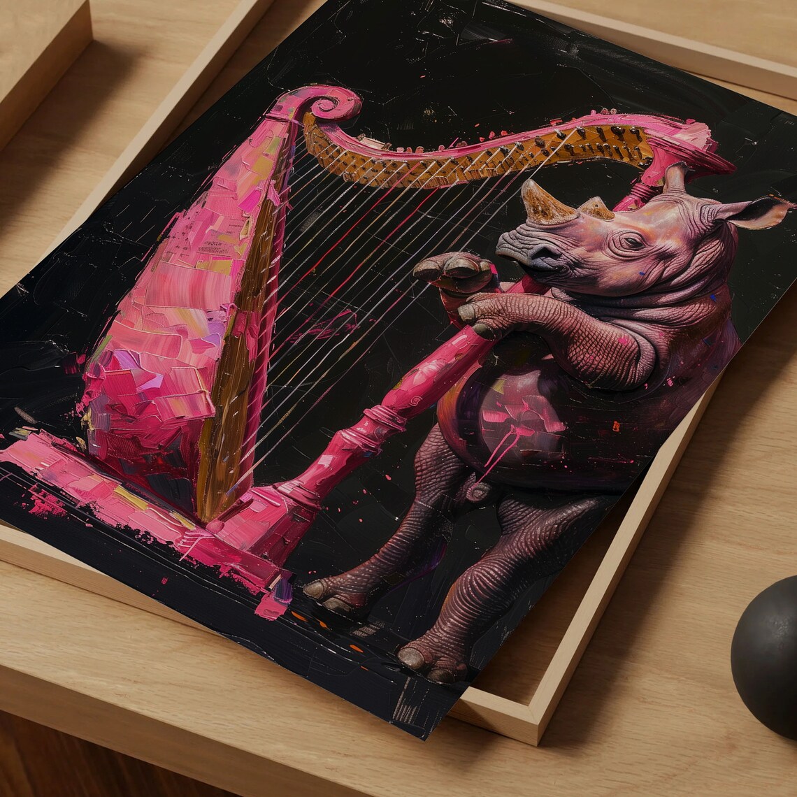 Rhino Playing Pink Harp Neon Splash Whimsical Orchestra Music Art Poster - Image 4