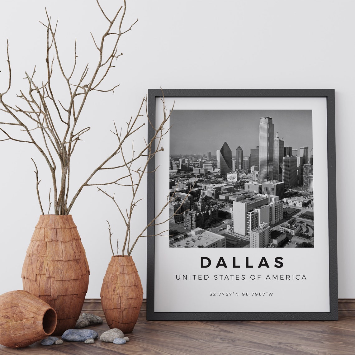 Dallas Texas Black White Skyline Photography Coordinates Poster