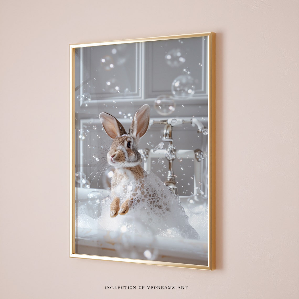 Cute Rabbit Bubble Bath Gold Frame Adorable Bunny Bathroom Art Poster