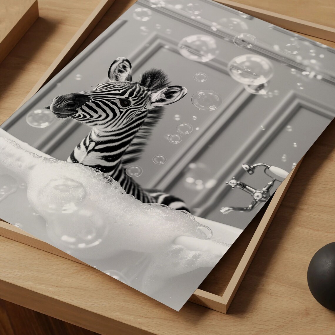 Funny Zebra In A Bathtub With Bubbles Black And White Animal Photo Poster - Image 5