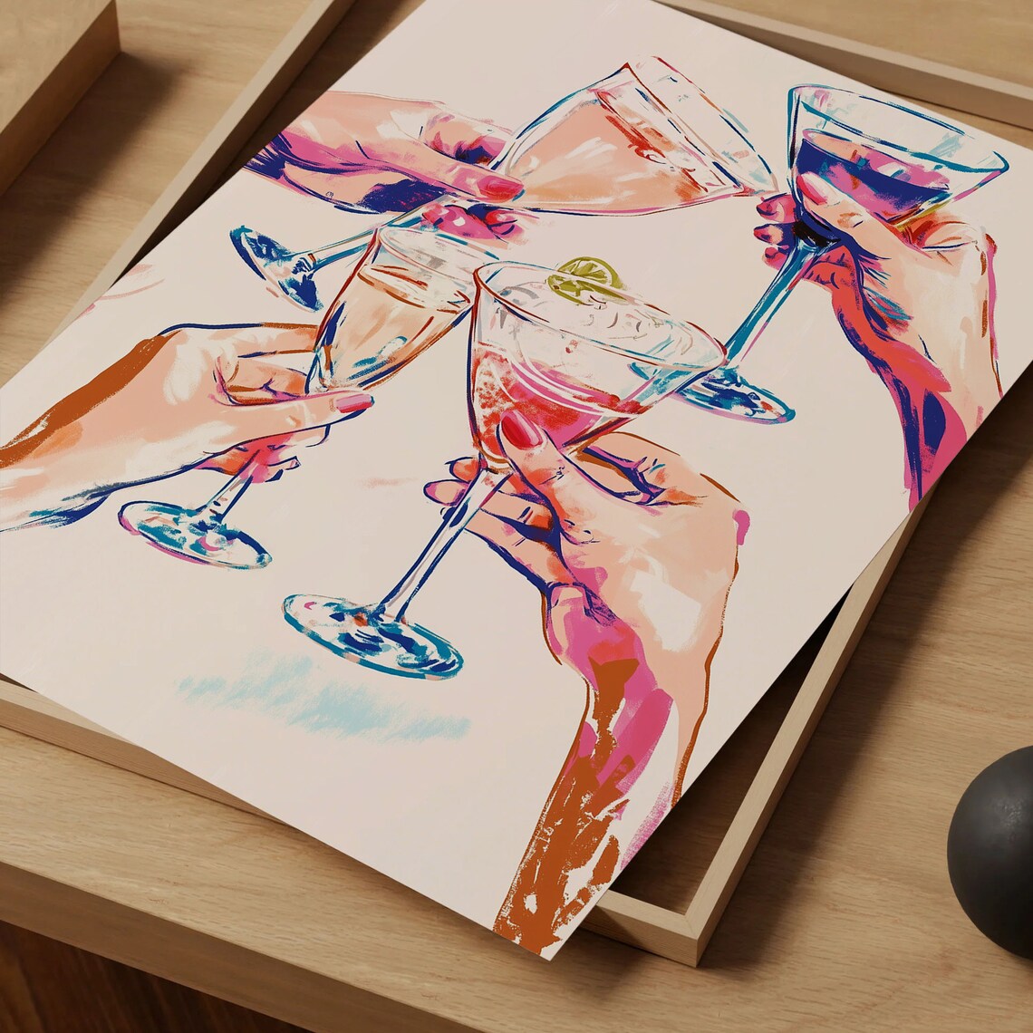 Cheers Cocktail Toast Watercolor Hands Champagne Bar Cart Art Poster - Image 4