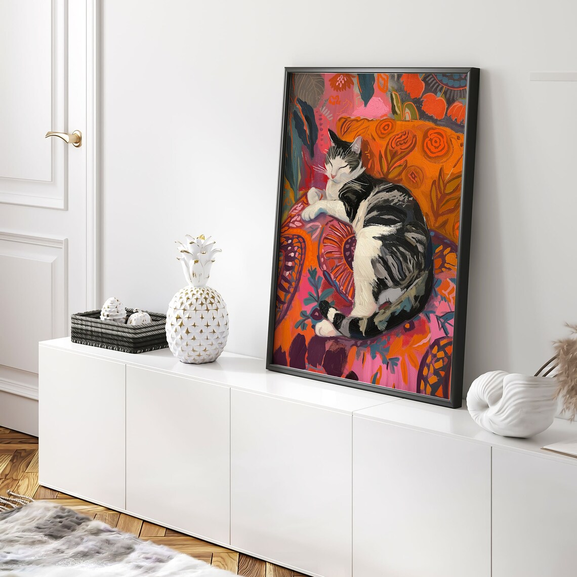 Sleeping Cat Oil Painting Colorful Floral Moroccan Style Cat Poster - Image 3