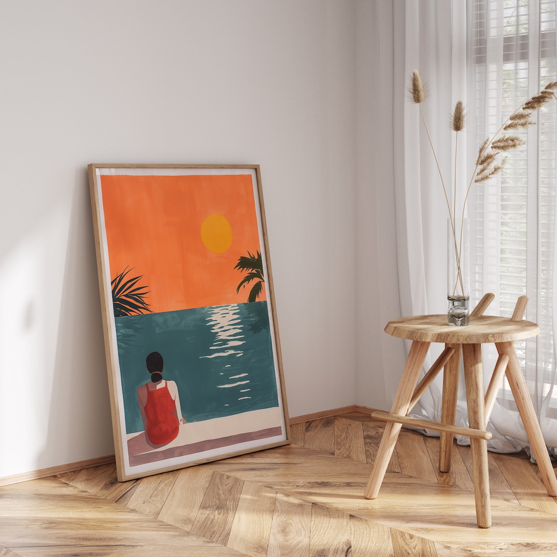 Woman Watching The Sun Poster Calm Poster Surreal Sea And Sun View Surreal Art Print Palm Leaves Poster Sunset Art Print Beach And Sea - Image 3