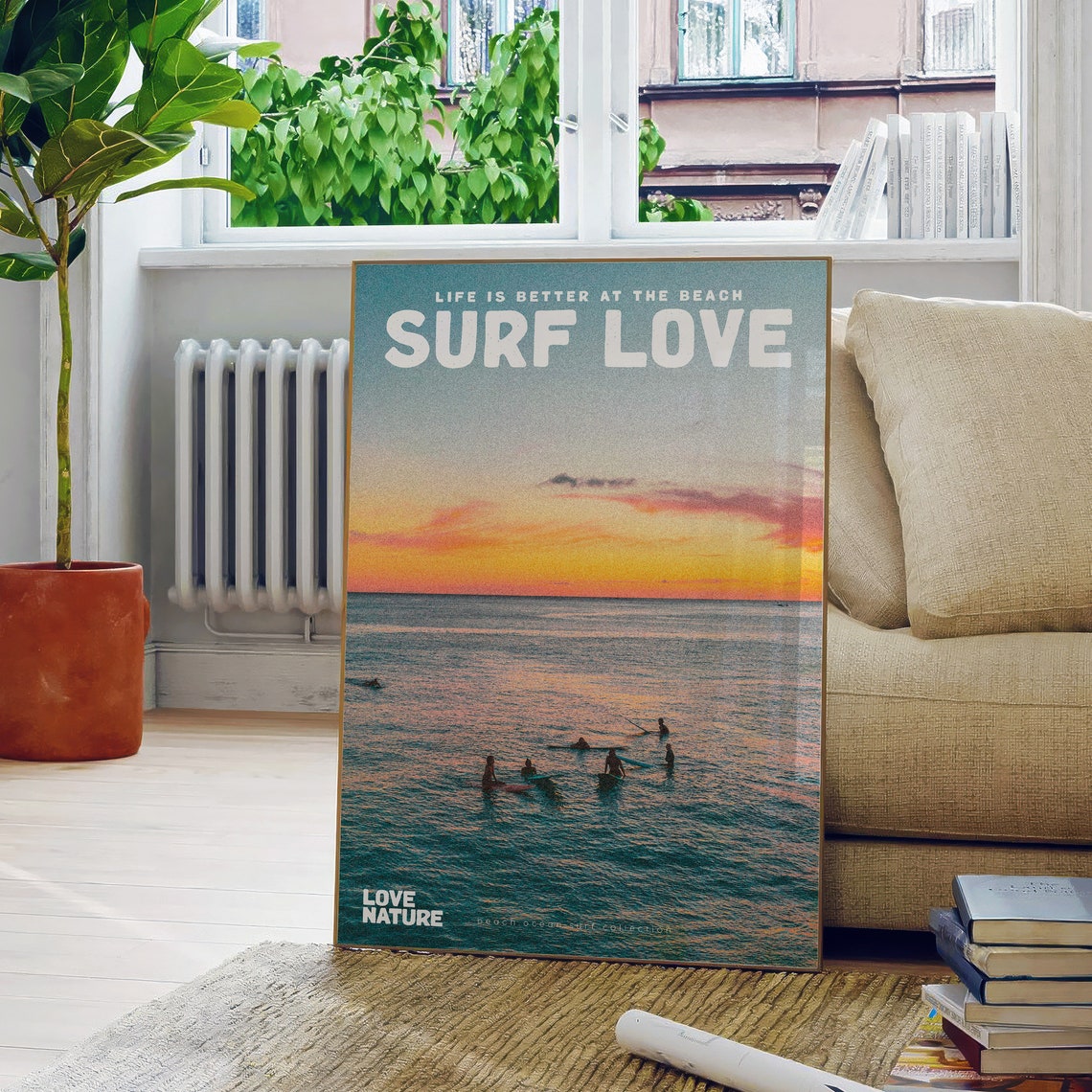 Surf Love Ocean Sunset Silhouetted Surfers Waves Beach Art Poster