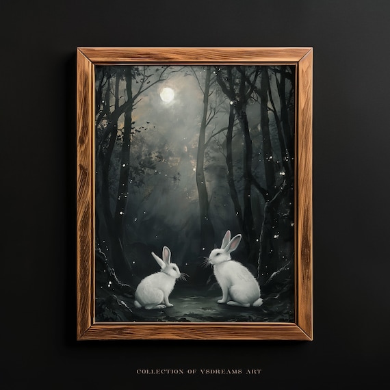 White Rabbits Moonlit Forest Dark Woodland Full Moon Painting Poster