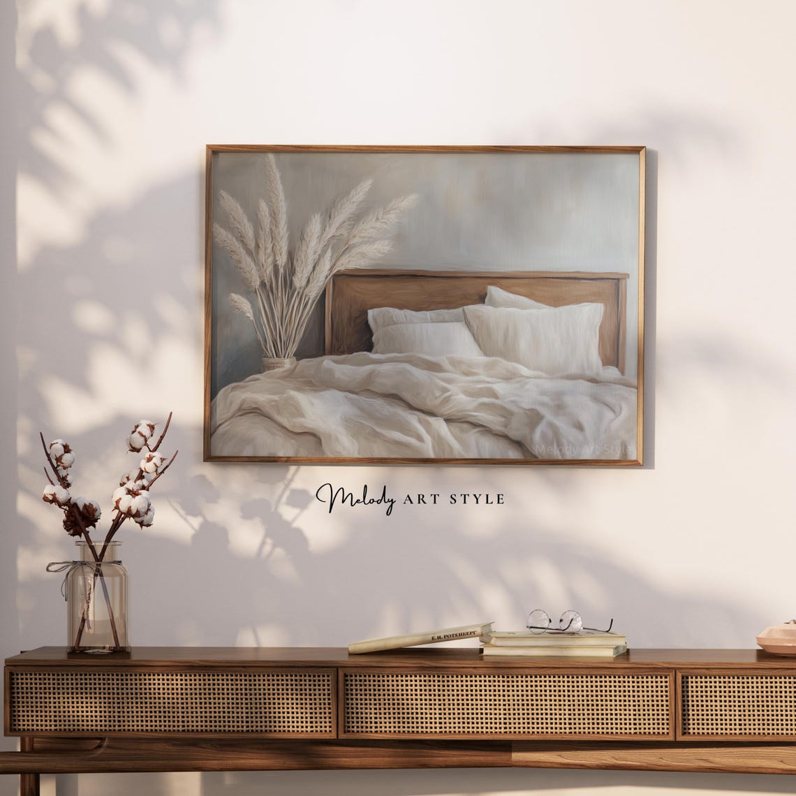 Neutral Bedroom Wall Art Rustic Farmhouse Print Pampas Grass And Cozy Bedding Painting Scandinavian Minimalist P354 - Image 2