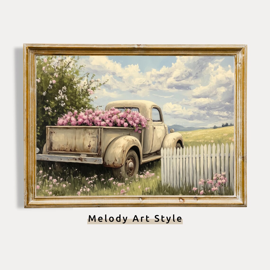 Vintage Cream Pickup Truck With Pink Flowers Country Farm Poster